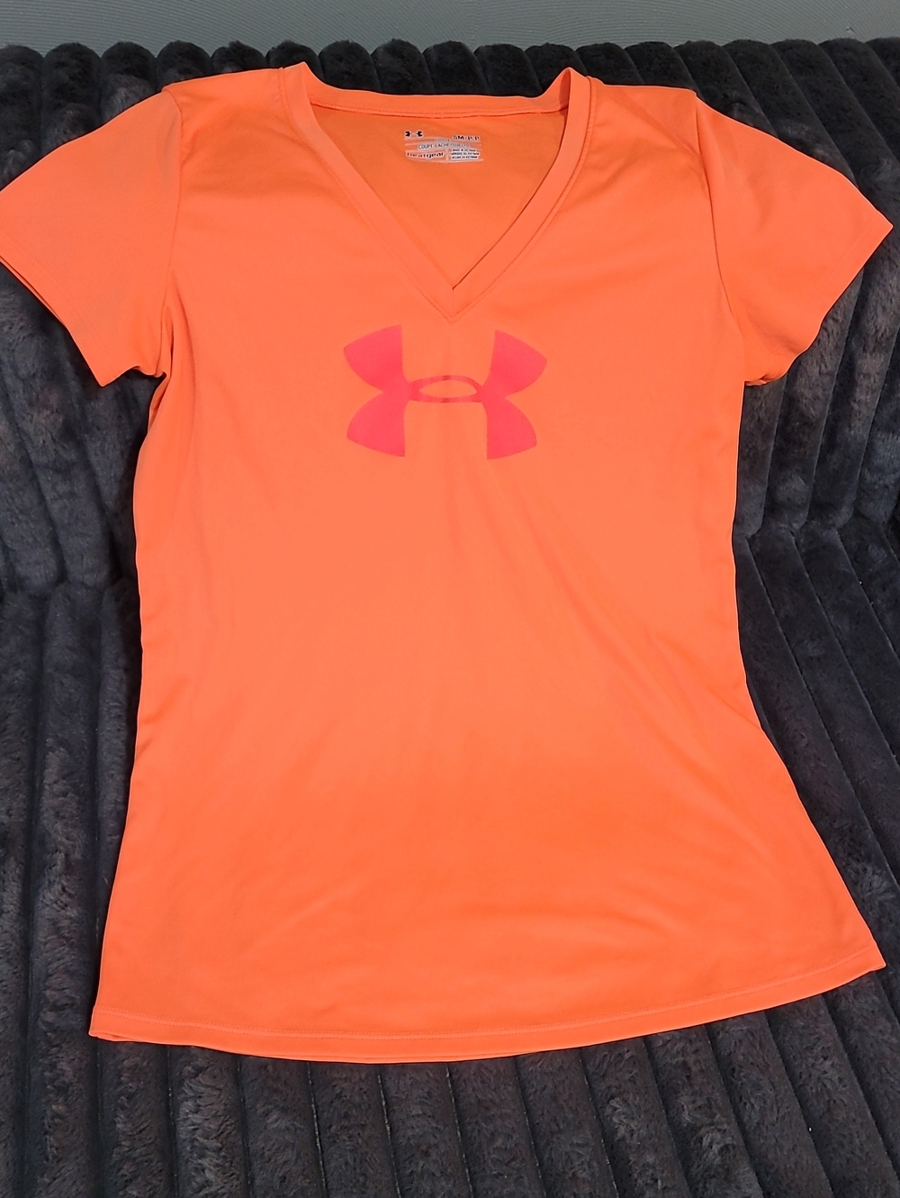 Under Armour Women's Neon Orange V-Neck Performance Tee with Pink Logo